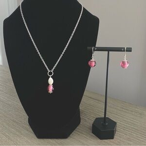 NEW handmade Murano glass bead/.925 necklace&earrings w/extender/Fleur de lis